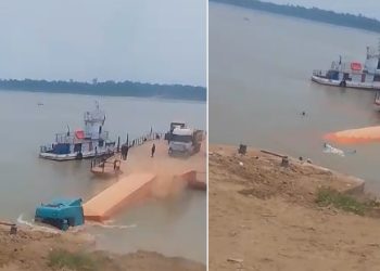 Vídeo: caminhão cai da balsa e afunda no interior do Amazonas