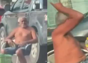 Vídeo: No meio da Torquato Tapajós, idoso coloca cadeira, senta e fica bebendo ‘Corote’