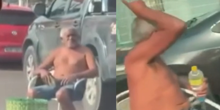 Vídeo: No meio da Torquato Tapajós, idoso coloca cadeira, senta e fica bebendo ‘Corote’