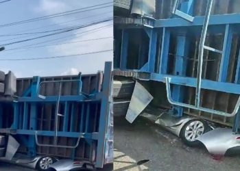 Vídeo urgente: carreta vira e esmaga carro em Manaus: ‘meu Deus, uma tragédia’