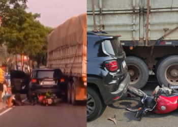 Vídeo: Motociclista quase é e$magad0 no V8 em acidente com caminhão e carro