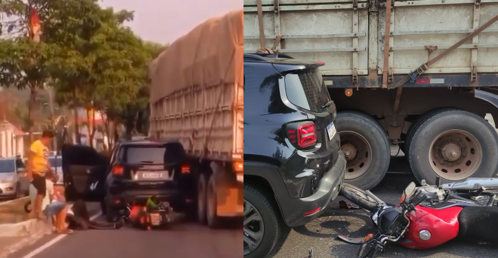 Vídeo: Motociclista quase é e$magad0 no V8 em acidente com caminhão e carro