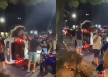 Vídeo: Em alta velocidade, carro arranca árvore e capota com três pessoas na Ponta Negra