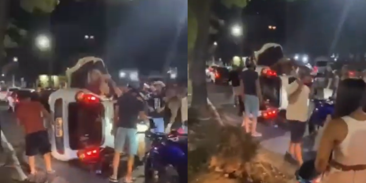 Vídeo: Em alta velocidade, carro arranca árvore e capota com três pessoas na Ponta Negra