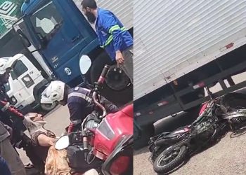 Vídeo: motoqueiro sofre pancada na coluna ao ser atingido por caminhão em Manaus