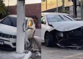 Carros “se acham” na rua após acidente na Praça 14 em Manaus
