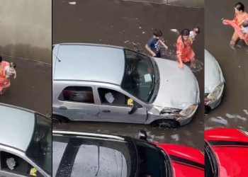 Vídeo: mãe sai do carro com os filhos na alagação em Manaus e cena viraliza nas redes sociais