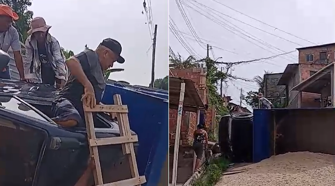 Vídeo: Motorista idoso é retirado de caçamba que tombou em ladeira em Manaus