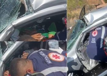 Vídeos: motorista fica preso às ferragens após chocar o carro contra caminhão em Manaus