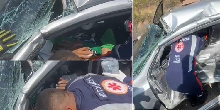 Vídeos: motorista fica preso às ferragens após chocar o carro contra caminhão em Manaus
