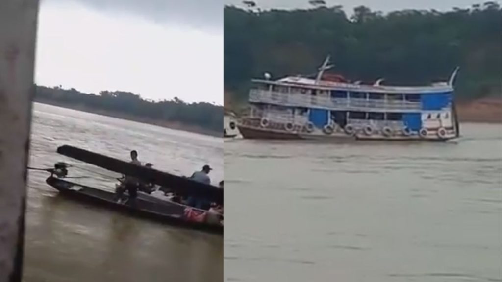 No meio do rio, barco encalha e passageiros são socorridos no Amazonas; veja o vídeo