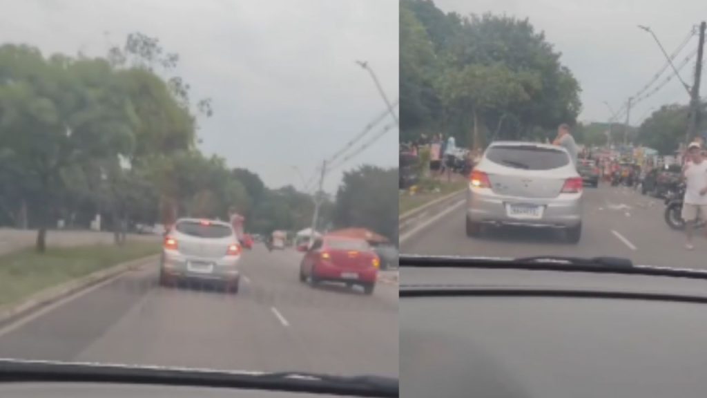 Vídeo: Homem é flagrado sentado na janela de carro em alta velocidade em Manaus: "Quer se amostradinho"