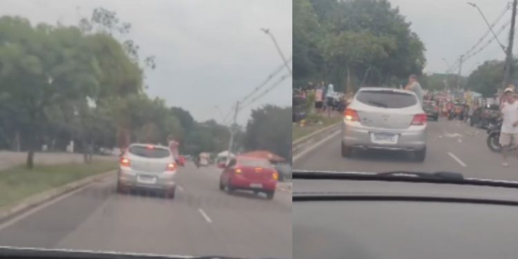 Vídeo: Homem é flagrado sentado na janela de carro em alta velocidade em Manaus: "Quer se amostradinho"