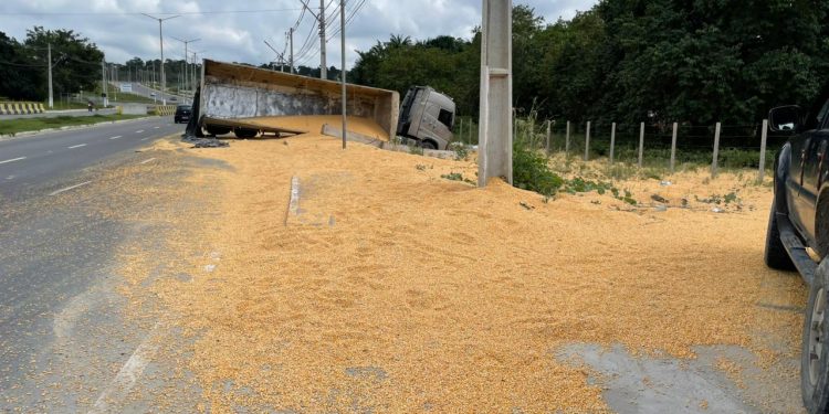Na curva do Rapidão, caminhão que transportava milho tomba