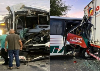 Micro-ônibus se acaba ao c0l1dir com traseira de caminhão na Zona Leste de Manaus