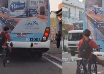 Vídeo: pendurado em ônibus, ciclista coloca a vida dele e de manauaras em risco