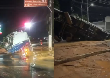 Adutora rompe, caminhão de lixo cai em cratera e vai faltar água em vários bairros de Manaus