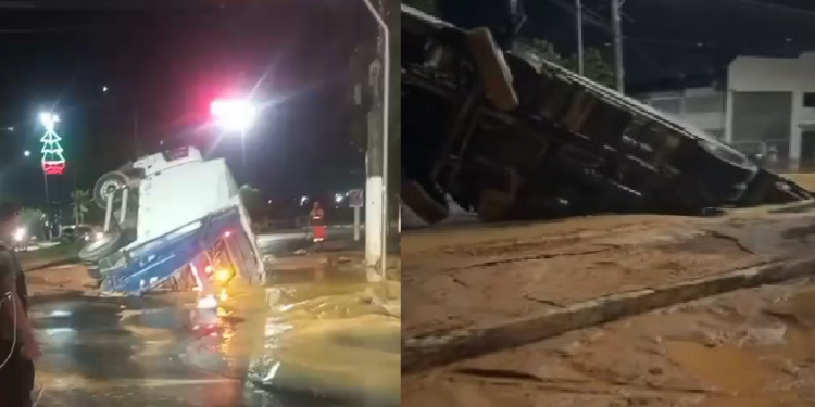 Adutora rompe, caminhão de lixo cai em cratera e vai faltar água em vários bairros de Manaus