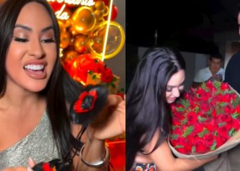 Vídeo: romântico Matteus dá flores para Isabelle no dia do aniversário da cunhã: ‘obrigada, Deus’