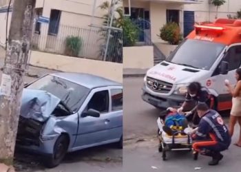 Vídeo: motora que levava a gata para casa perde direção e bate no poste na Praça 14