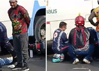 Vídeo: motoqueiro fica debaixo do ônibus após fazer manobra errada em Manaus 