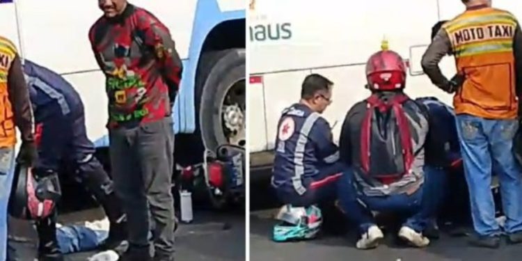 Vídeo: motoqueiro fica debaixo do ônibus após fazer manobra errada em Manaus