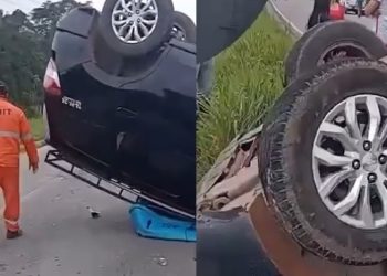 Vídeo: táxi capota na estrada de Presidente Figueiredo ao desviar de buraco