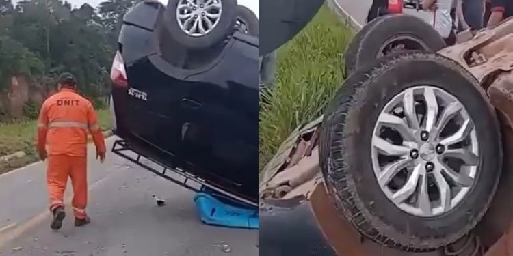 Vídeo: táxi capota na estrada de Presidente Figueiredo ao desviar de buraco