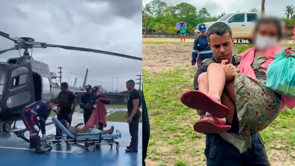 Idosa passa mal passa e é resgatada de helicóptero durante a chuva em Manaus