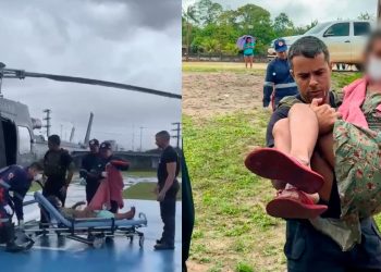 Idosa passa mal passa e é resgatada de helicóptero durante a chuva em Manaus