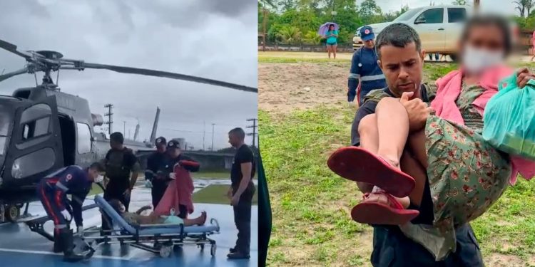 Idosa passa mal passa e é resgatada de helicóptero durante a chuva em Manaus