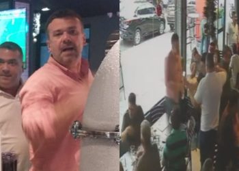 Câmera mostra policial civil agredindo gerente do Sr Beef do Vieralves por causa de mesa