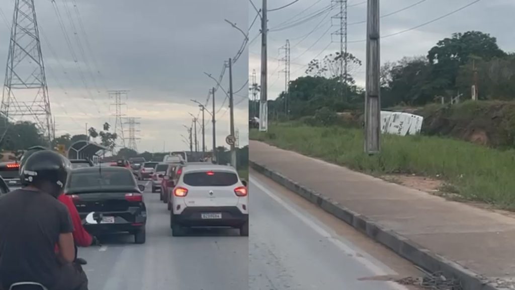 Avenida das Flores fica congestionada após ônibus capotar; veja o vídeo