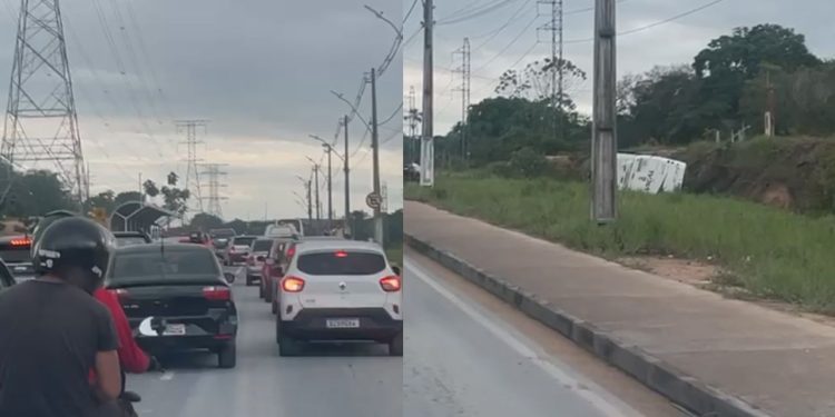 Avenida das Flores fica congestionada após ônibus capotar; veja o vídeo