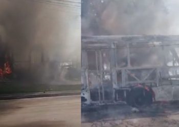 Linha 059 é consumida pelo fogo enquanto trafegava na avenida Torquato Tapajós