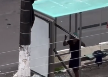 Vídeo: Em plena luz do dia, homem resolve d3struir parada de ônibus em Manaus para r0ubar alumínio