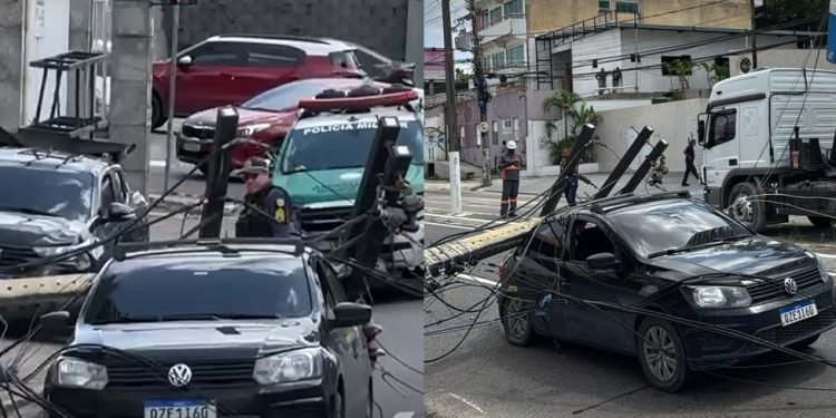 Vídeo: caçamba derruba poste que cai em cima de carro em Manaus