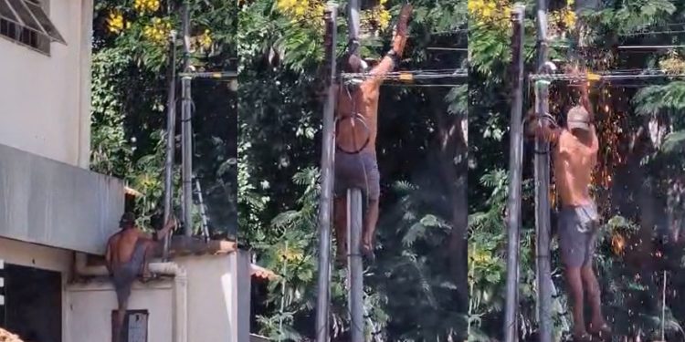 Vídeo: ladrão tentar cortar cabos, mas toma choque e fica desorientado