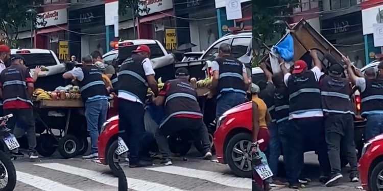 Fiscais da Prefeitura de Manaus confiscam barraca de vendedora de verdura na brutalidade