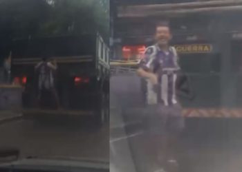 Vídeo mostra 'bebum' feliz da vida pegando carona pendurado na traseira de carreta na Compensa