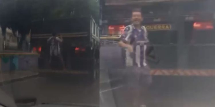 Vídeo mostra 'bebum' feliz da vida pegando carona pendurado na traseira de carreta na Compensa