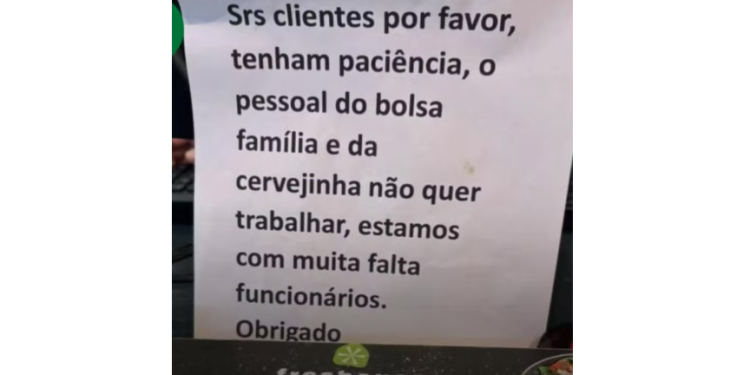 Restaurante atribui falta de funcionários ao ‘pessoal do Bolsa Família e da cervejinha’