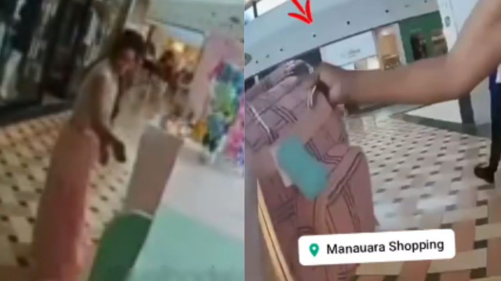 Câmera flagra mulher tentando furt4r bolsa de quiosque no Manauara Shopping