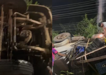 Vídeo: Motora fica pr3s0 às ferragens após caçamba virar com tudo na Zona Norte de Manaus