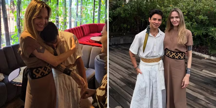 Estilista de Manaus se encontra com Angelina Jolie no Brasil e a presenteia com peça regional