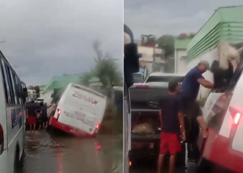 Vídeo: Buraco medonho faz ônibus cair e passageiros saem pela janela em Manaus