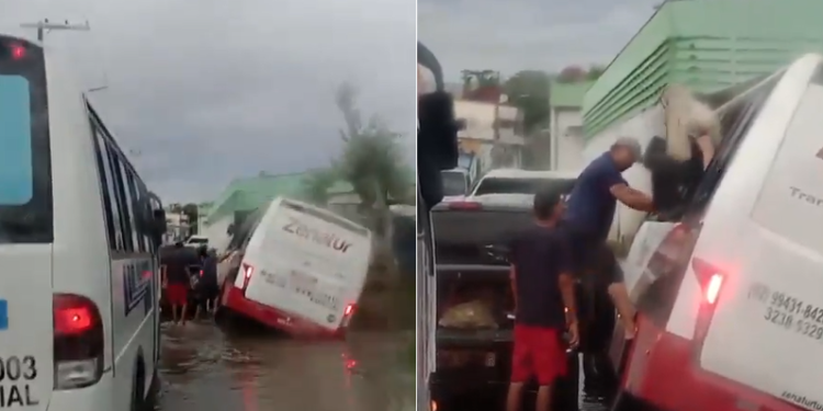 Vídeo: Buraco medonho faz ônibus cair e passageiros saem pela janela em Manaus