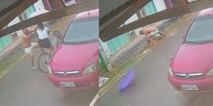 Câmera flagra homem atac4ndo mulher no meio da rua no interior do Amazonas