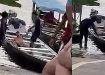 Vídeo mostra suspeit0 de r0ubo apanhand0 dentro de canoa no interior do Amazonas
