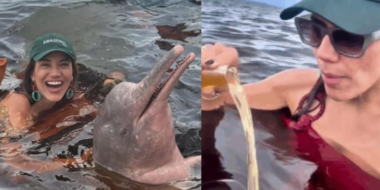 'Sem noção': influenciadora joga cerveja no rio para atrair botos em Manaus e é massacr4da na internet